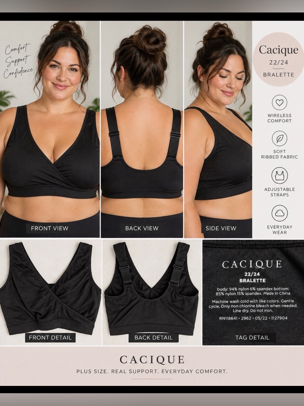 Cacique 22/24 Black Ribbed Crossover Bralette Wireless Plus Size